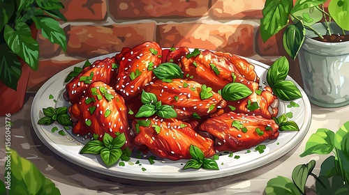 Delicious grilled chicken wings with sesame seeds and fresh rosemary presented on a black plate, ready to eat.	