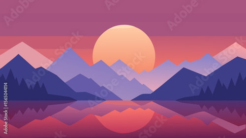 Serene mountain landscape with a large sun reflected in calm water