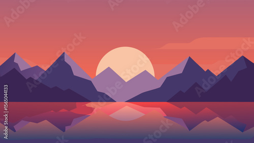 Serene mountain range reflected in calm water at sunset with warm sky