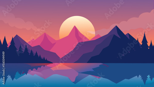 Vibrant sunset over geometric mountains reflected in calm water
