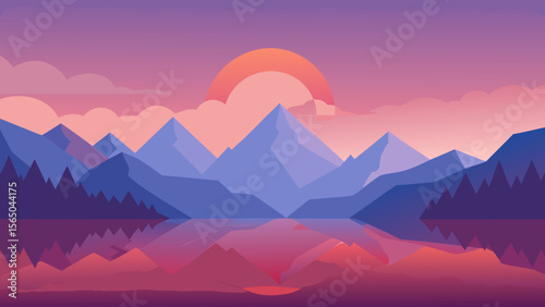 Geometric mountain range reflected in calm lake during vibrant sunset with pastel clouds