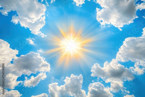Radiant Sunburst: Heavenly Blue Sky with Cumulus Clouds