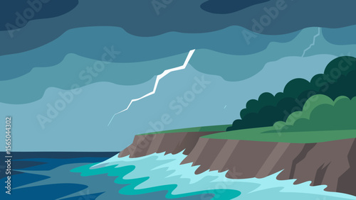 Dramatic lightning strikes over a stormy sea crashing against rugged cliffs