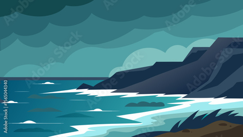 Stylized illustration of a stormy seascape with dark clouds and crashing waves