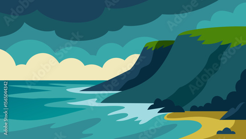 Stylized illustration of a dramatic coastline with choppy seas under a cloudy sky