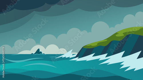 Stylized illustration of a stormy sea crashing against a green cliffside
