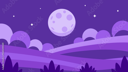 Whimsical purple landscape with a large moon and starry night sky