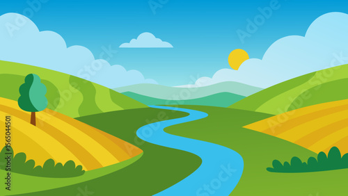 Stylized landscape with rolling green hills a winding blue river and golden fields under a bright sun