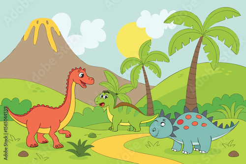 Cute Dinosaurs in a Prehistoric Landscape