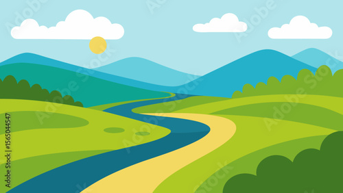 Stylized landscape with winding river green hills mountains and sun