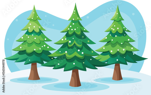 Three Cartoon Christmas Trees in a Snowy Landscape Illustration