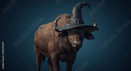 Buffalo in a Witch's Hat - A brown buffalo wearing a black witch's hat, against a dark blue background. A whimsical, Halloween-themed