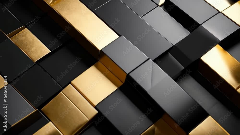 Abstract geometric background with interlocking gold and black rectangular elements creating a modern tile pattern with a glossy finish.