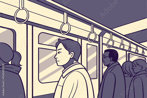 Urban commuters standing inside subway train holding handles in silence