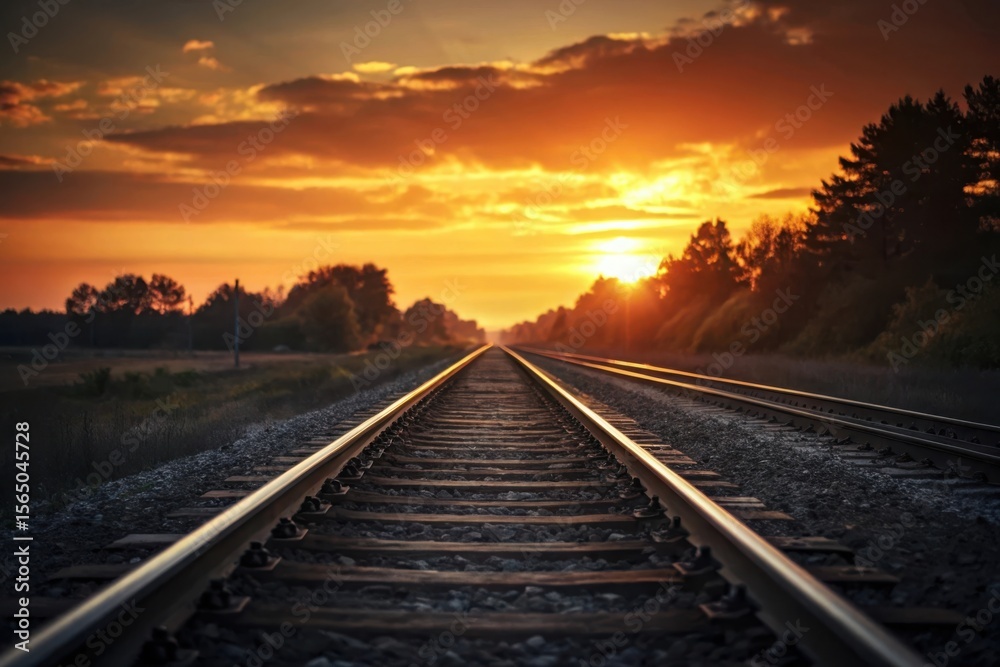 Fototapeta premium Train tracks disappearing into a vibrant sunset with golden light and silhouetted trees