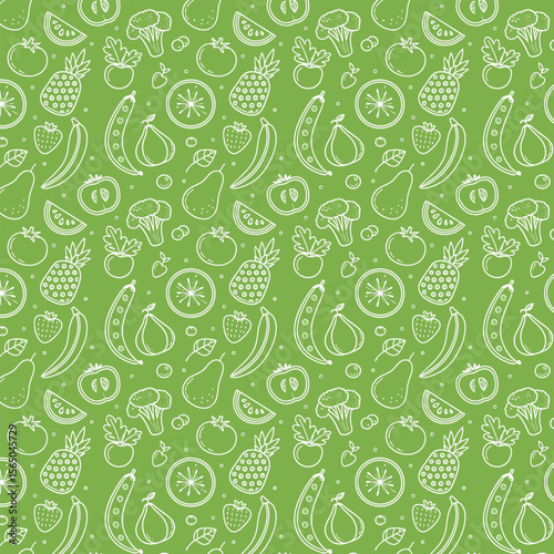 Seamless pattern of white outline fruits and vegetables on a green background