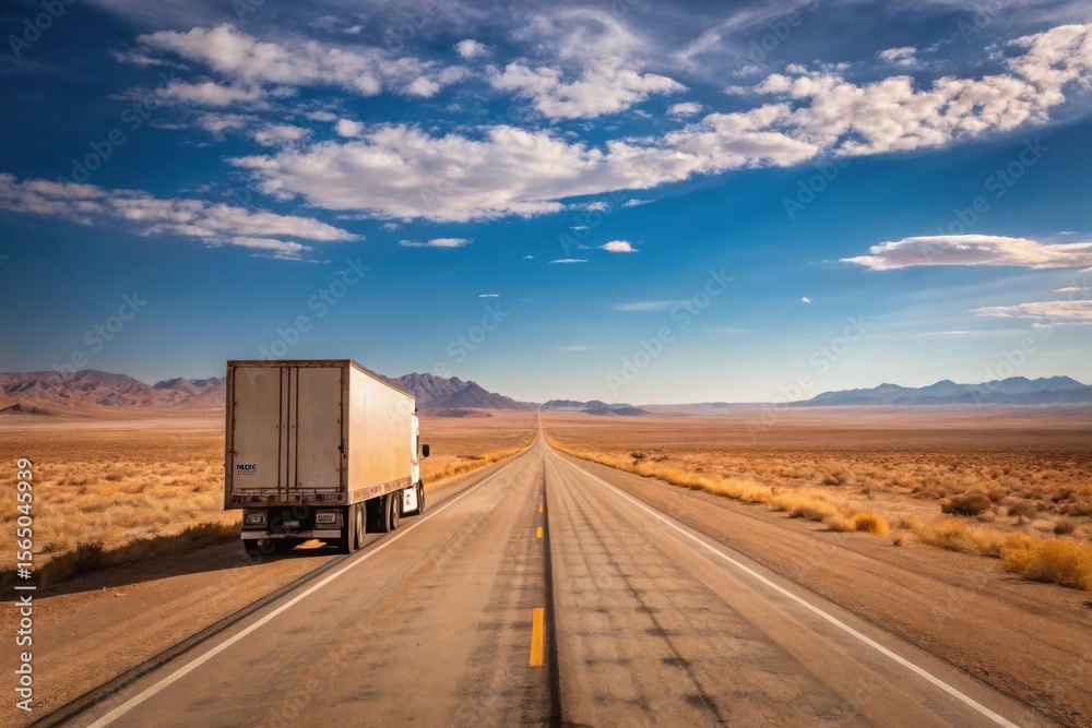 Obraz premium Semi truck travels down a long straight desert highway under a vast cloudy sky