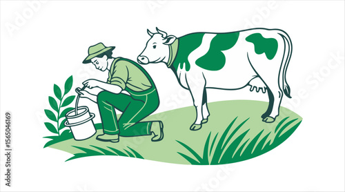 Agricultural illustration showing cow milking in a minimal and clean graphic style.


