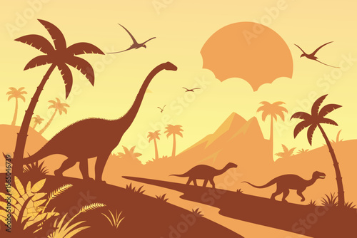 Dinosaur Silhouette Landscape at Sunset