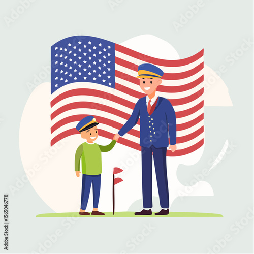 Patriotic Bonding: An illustration of an adult in a uniformed cap shakes hands with a child standing before a waving American flag, set against a backdrop of green grass and subtle cloud formations.