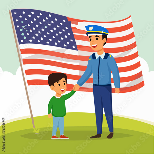 A Policeman and a Child beside US Flag: A Policeman and a child stand proudly beside an American flag, symbolizing patriotism and unity, in a heart-warming display of community and national pride. 