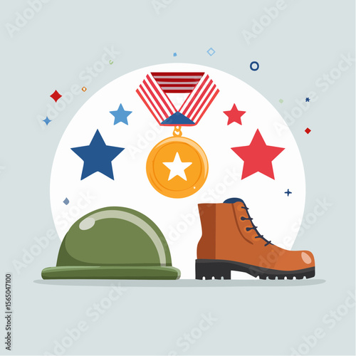 Honor and Valor: An illustrated display honoring valor and service, with symbolic elements like a medal, helmet, and boot, is a tribute to those who served.