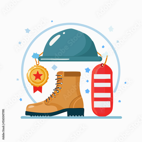 Construction Safety Set: An illustrative display of essential construction safety gear, featuring a durable boot, hard hat, gold medal, and price tag, symbolizing safety and value.