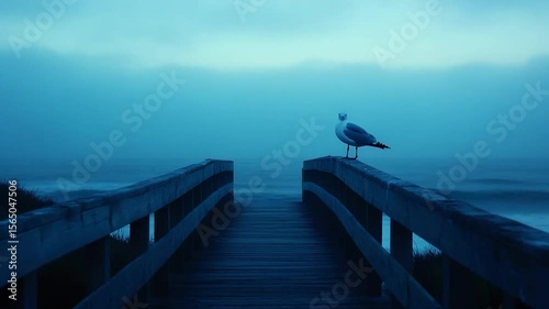 Seagull on misty beach wooden walkway