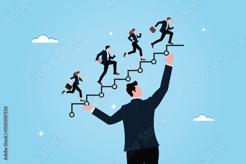 Helping employees achieve success and career growth. The owner is helping his employees to climb the stairs. Assisting in teamwork or career development through mentoring or coaching.