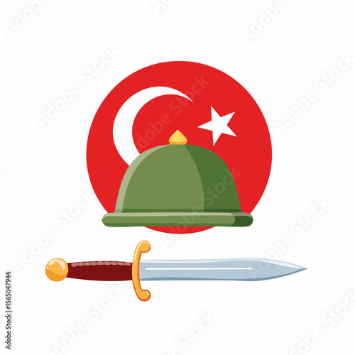 Ottoman Warrior Heritage: A meticulously designed cartoon vector art of a Seljuk soldier's helmet and sword over flag, symbolizing bravery, tradition, and historical depth.