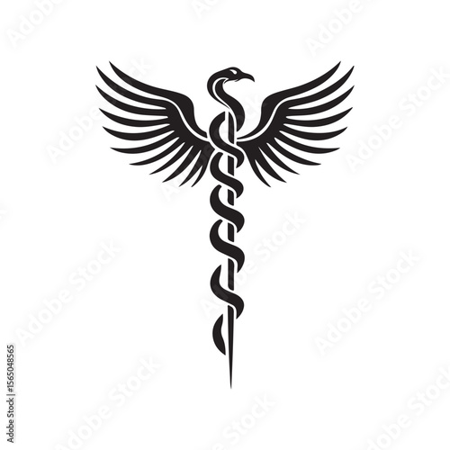 Caduceus Medical Symbol silhouette, caduceus icon vector, Caduceus with Wings and Cross Symbol, Caduceus health vector silhouette on white background