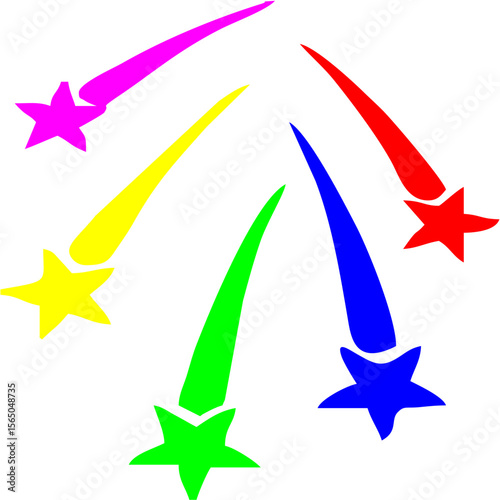 Colorful shooting stars ascend upwards in vibrant shades of pink, yellow, green, blue, and red on a clean white background.