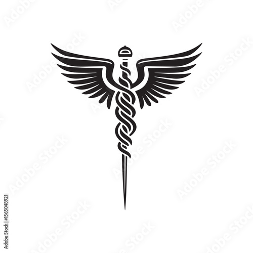 Caduceus Medical Symbol silhouette, caduceus icon vector, Caduceus with Wings and Cross Symbol, Caduceus health vector silhouette on white background