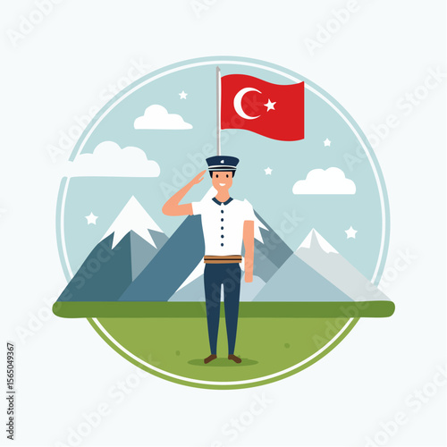 Turkish pride: A digital illustration showcasing a Turkish individual in a salute, proudly displaying the Turkish flag amidst a backdrop of majestic mountains.