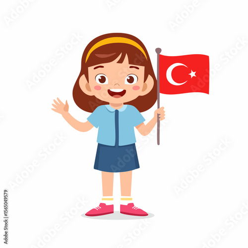 Cheerful Patriot: A young girl, radiating joy, waves her hand while proudly holding aloft the flag of Turkey, embodying a spirit of national pride.