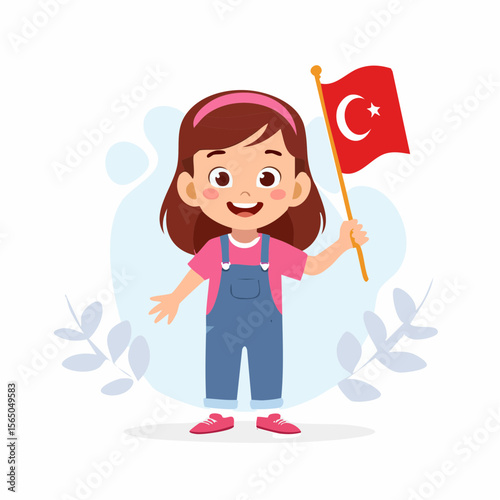 Joyful Patriot: A young girl, radiating happiness, proudly waves a Turkish flag, her cheerful spirit capturing the essence of national pride and belonging.