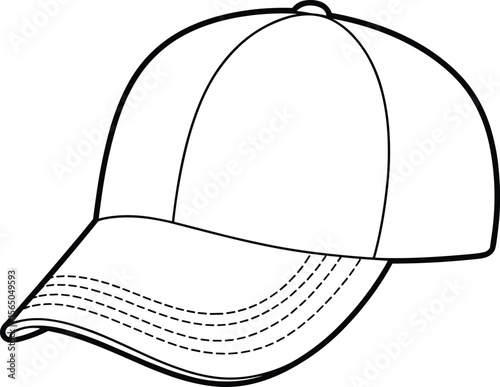 Baseball cap technical flat sketch, curved brim hat design illustration, fashion accessory vector, unisex headwear template, detailed drawing