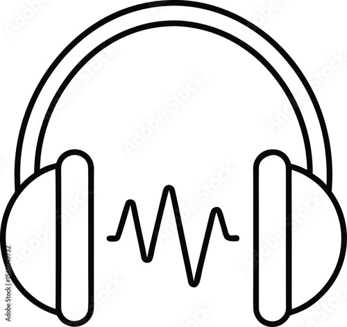 Clean outline icon of headphones with sound waves and audio symbol