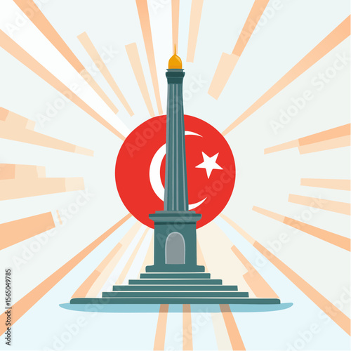 Monumental Heritage: Iconic monument of a city, its detailed architecture stands tall against a backdrop of radiating light and a prominent flag. It evokes feelings of history and civic pride.