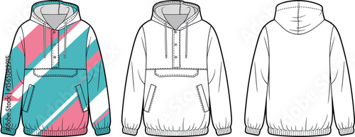 Colorful fashion hoodie front back view, flat sketch, cad technical drawing, unisex design, streetwear apparel, modern pullover illustration