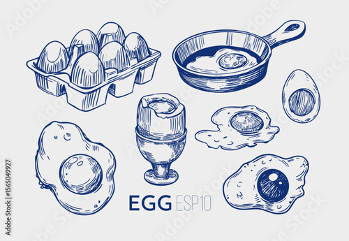 Eggs, scrambled eggs, breakfast, hand drawn sketch, in engraving style, realistic vector monochrome illustration