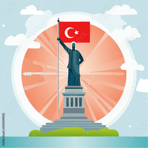 Turkish Triumph: A majestic statue proudly holds the Turkish flag high against a radiant sunburst backdrop. Symbolizing national pride and heritage.