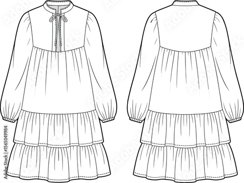 Long sleeve tiered dress flat sketch, front and back view, ruffle hem, loose fit, fashion CAD drawing vector illustration