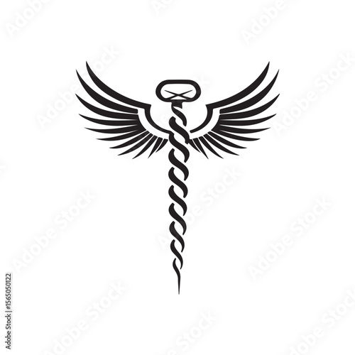 Caduceus Medical Symbol silhouette, caduceus icon vector, Caduceus with Wings and Cross Symbol, Caduceus health vector silhouette on white background