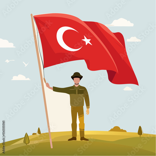 Turkish Flag Bearer: A proud individual stands tall, waving the vibrant Turkish flag against a backdrop of rolling hills and a clear sky, embodying national pride and cultural heritage.