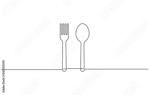 Knife, spoon and fork continuous one line drawing and isolated world food day outline, Continuous one line drawing of knife and fork outline art illustration isolated on white background