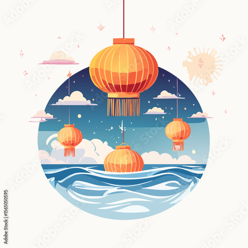 Lanterns in the Celestial Realm: A vibrant illustration of Chinese lanterns suspended amidst a serene, dreamlike panorama of the night sky. Illustrating tranquil, festive atmosphere.