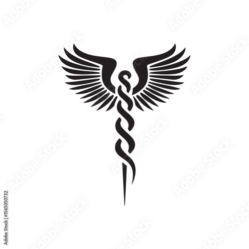 Caduceus Medical Symbol silhouette, caduceus icon vector, Caduceus with Wings and Cross Symbol, Caduceus health vector silhouette on white background