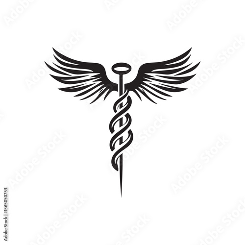 Caduceus Medical Symbol silhouette, caduceus icon vector, Caduceus with Wings and Cross Symbol, Caduceus health vector silhouette on white background