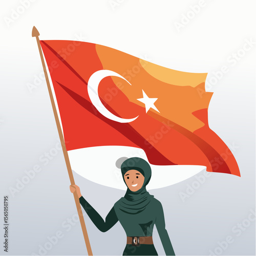 Turkish Patriot: An empowering image of a woman proudly waving the Turkish flag high, set against a backdrop of a light-colored gradient, celebrating national pride and identity.